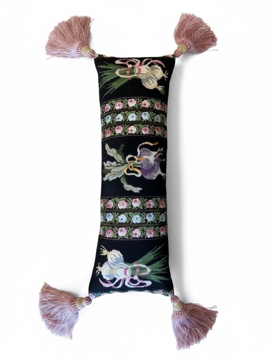 None Other - Embroidered Floral Bolster Pillow with Tassels - Botanical Garden Cottagecore
